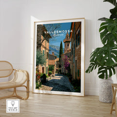 Valldemossa Mallorca Old Town Travel Poster — large framed print room setting chair plant