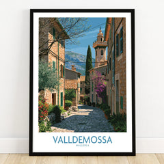 Valldemossa Mallorca Village Street Wall Art — art print in black frame on wooden floor