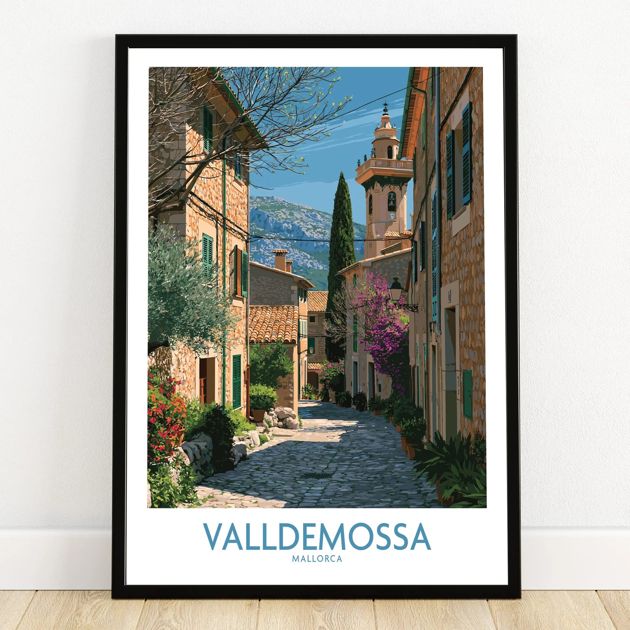 Valldemossa Mallorca Village Street Wall Art — art print in black frame on wooden floor