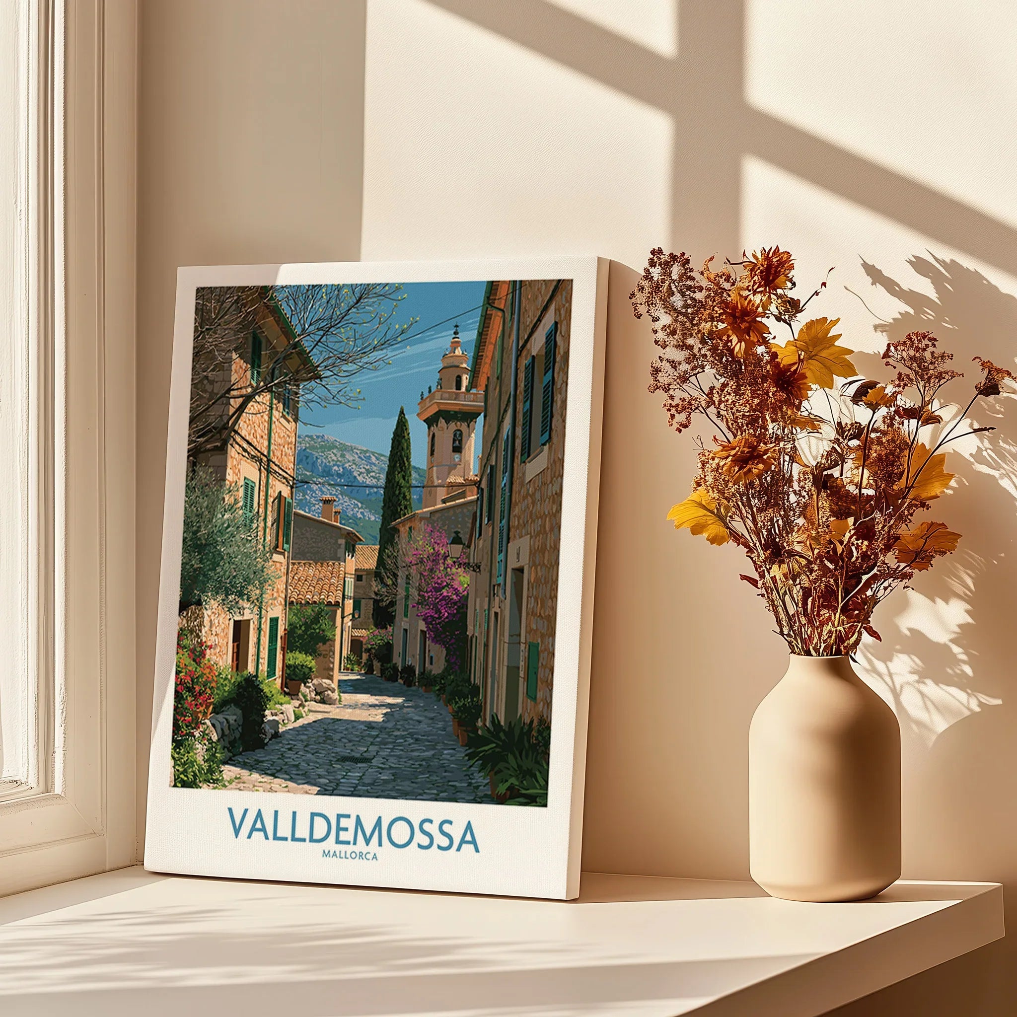 Valldemossa Mallorca Village Street Wall Art — canvas print window setting with shadows flowers