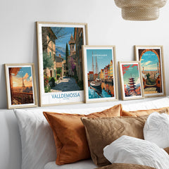 Valldemossa Mallorca Village Street Wall Art — set five framed artprints above bed natural wood frames