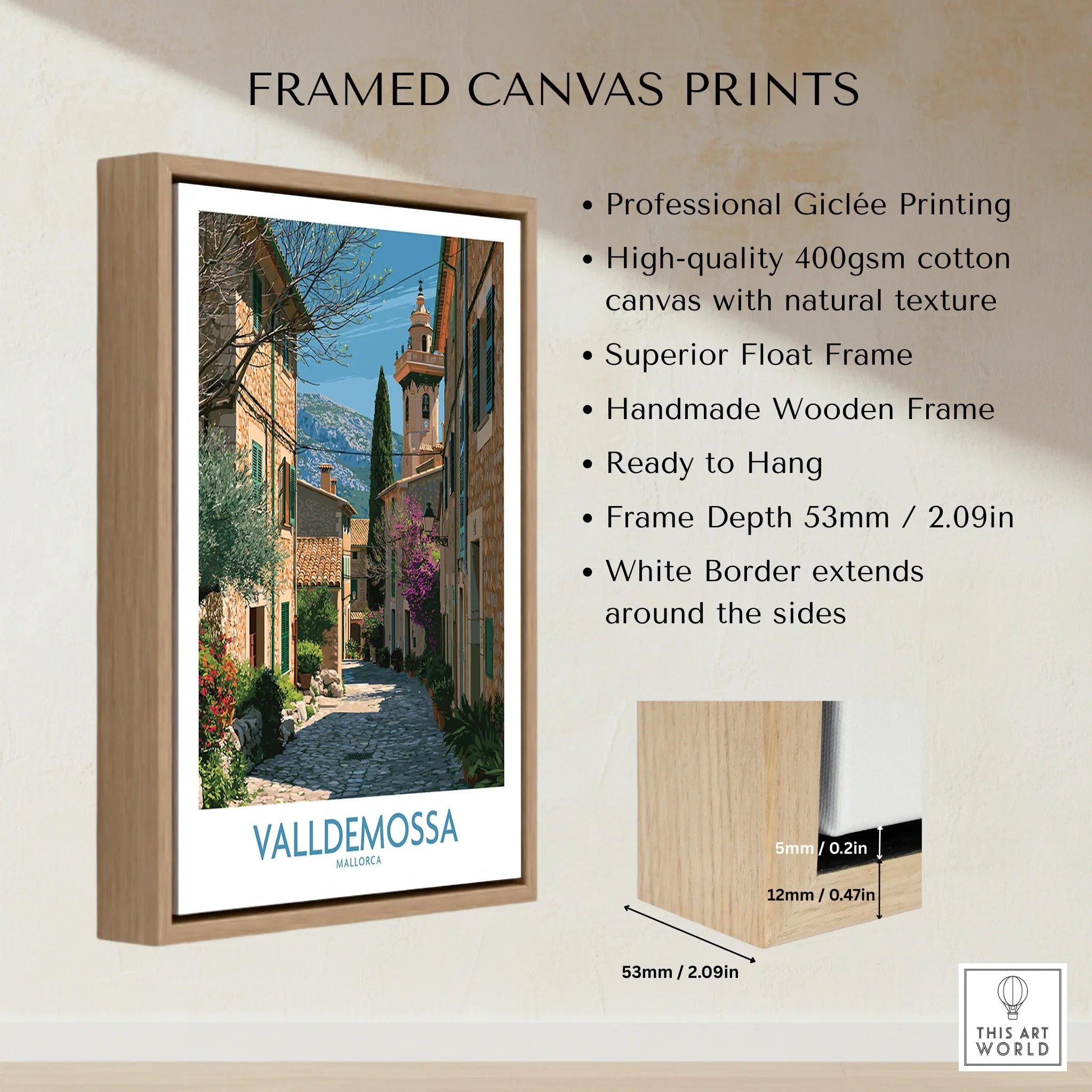 Valldemossa Mallorca Village Street Wall Art — framed canvas float frame details quality