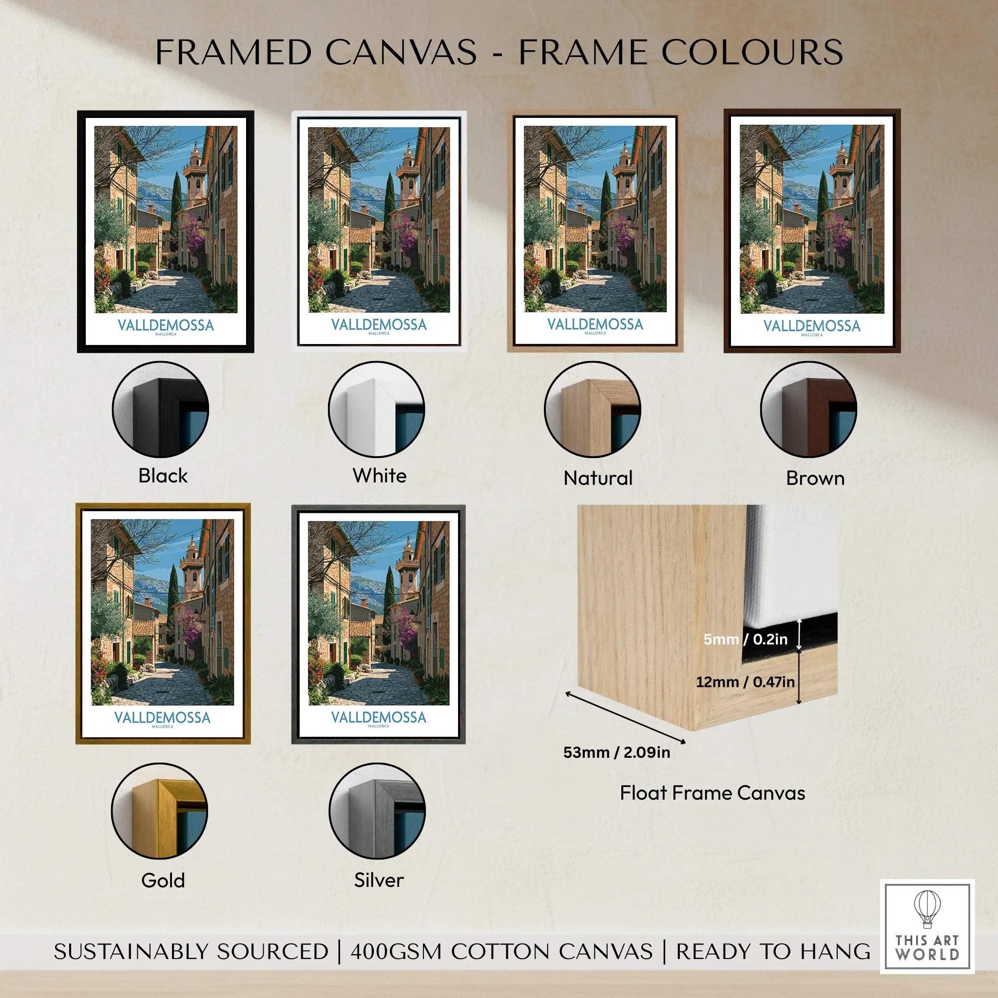 Valldemossa Mallorca Village Street Wall Art — framed canvas float frame colour options