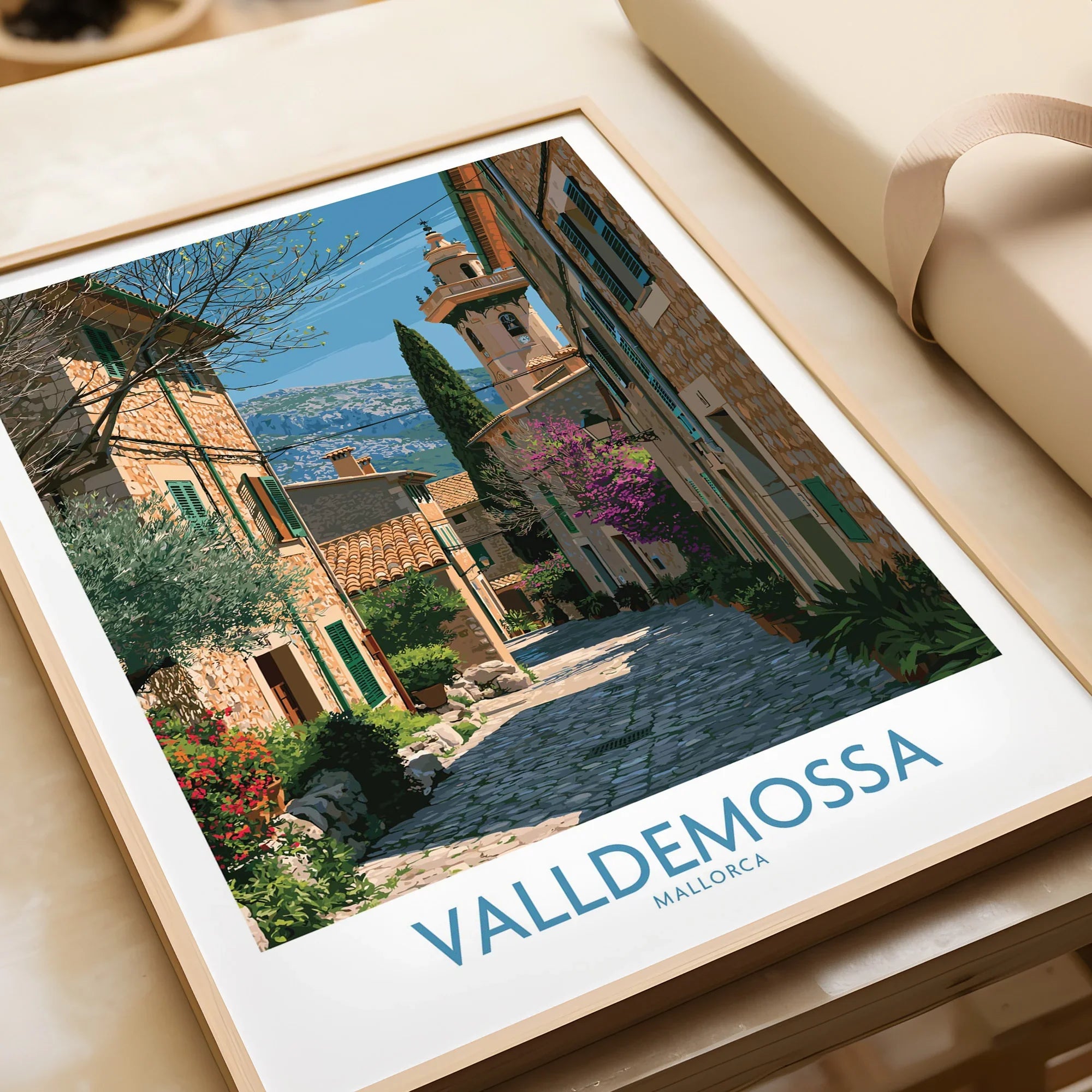 Valldemossa Mallorca Village Street Wall Art — framed art print closeup gift unwrapped natural frame