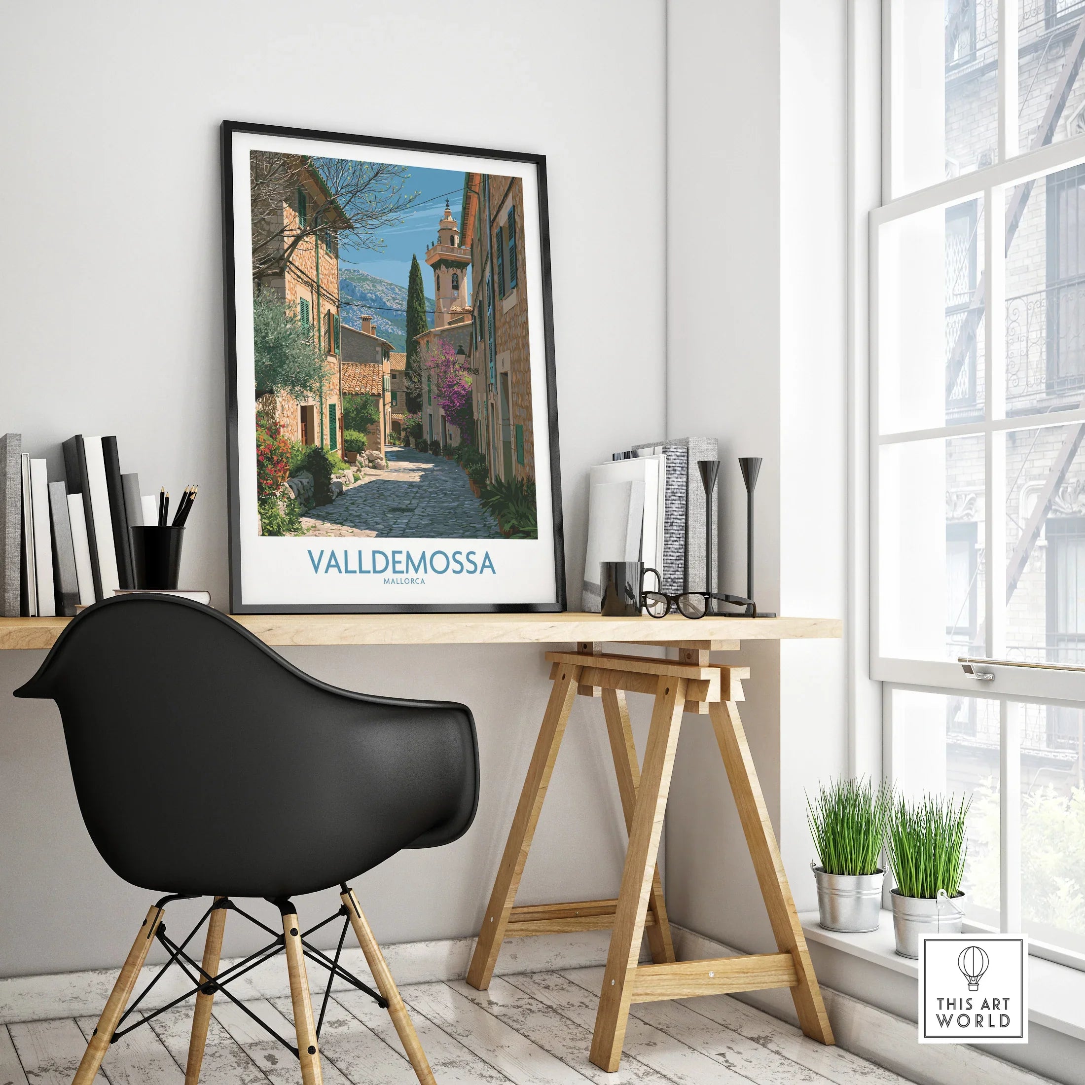 Valldemossa Mallorca Village Street Wall Art — framed poster black frame on office desk modern