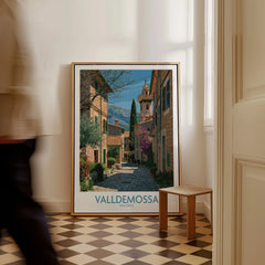 Valldemossa Mallorca Village Street Wall Art — framed canvas on floor man walking past