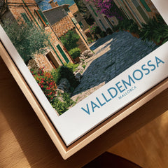 Valldemossa Mallorca Village Street Wall Art — closeup framed canvas natural wood floating frame