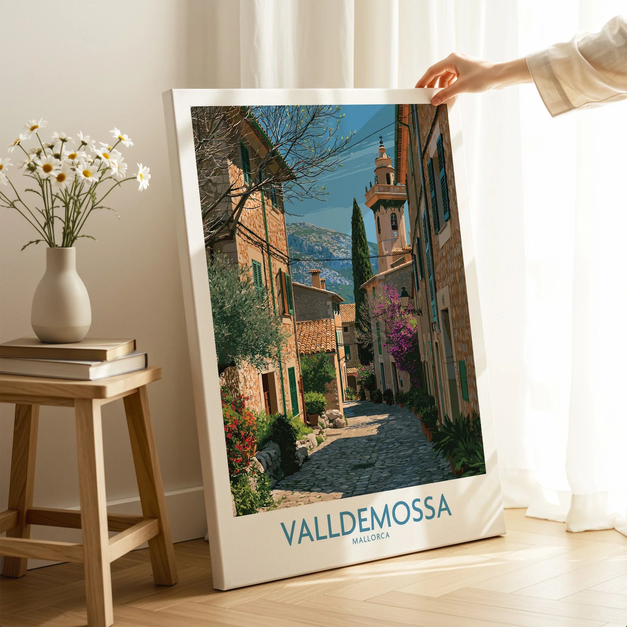 Valldemossa Mallorca Village Street Wall Art — canvas print mirror edge hand holding room setting