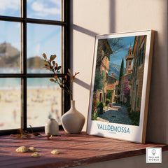 Valldemossa Mallorca Village Street Wall Art — framed print window view natural wood frame