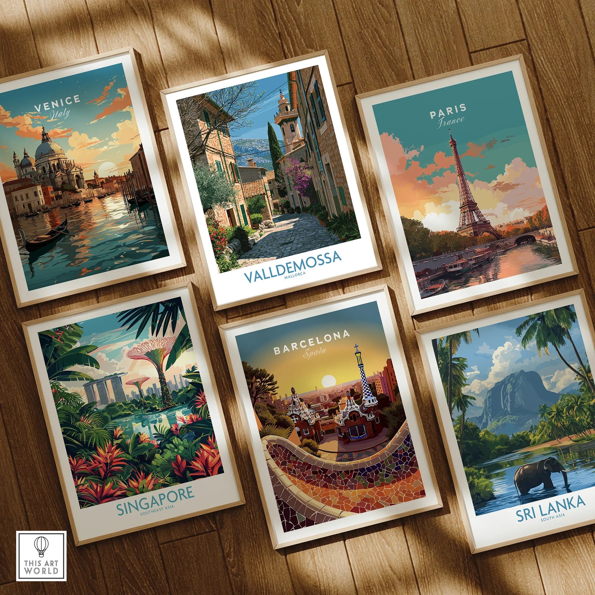 Valldemossa Mallorca Village Street Wall Art — set six framed art prints wooden floor natural wood frames