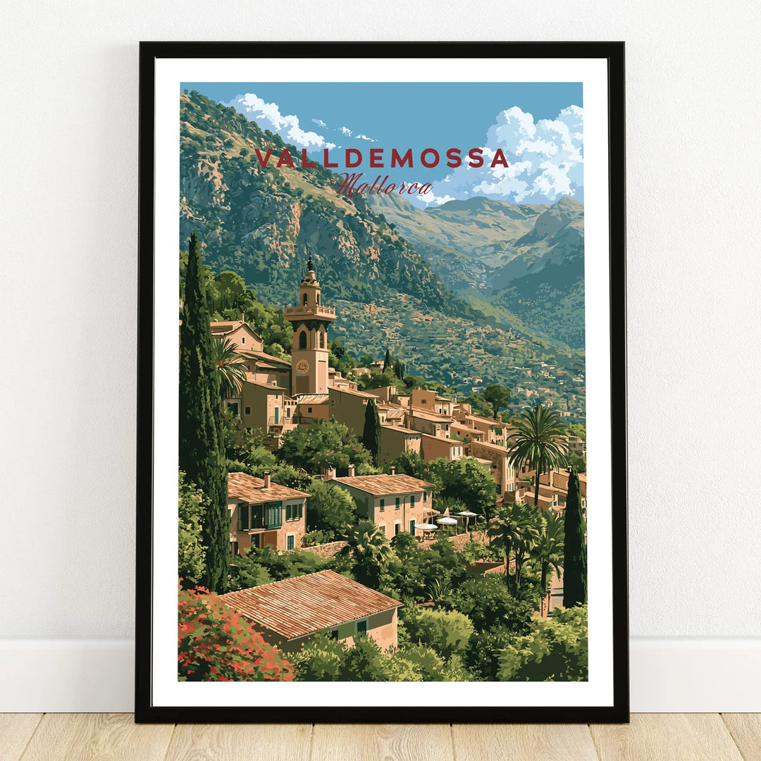Valldemossa Mallorca Mountain Village Travel Poster — art print in black frame on wooden floor