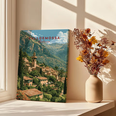 Valldemossa Mallorca Mountain Village Travel Poster — canvas print window setting with shadows flowers