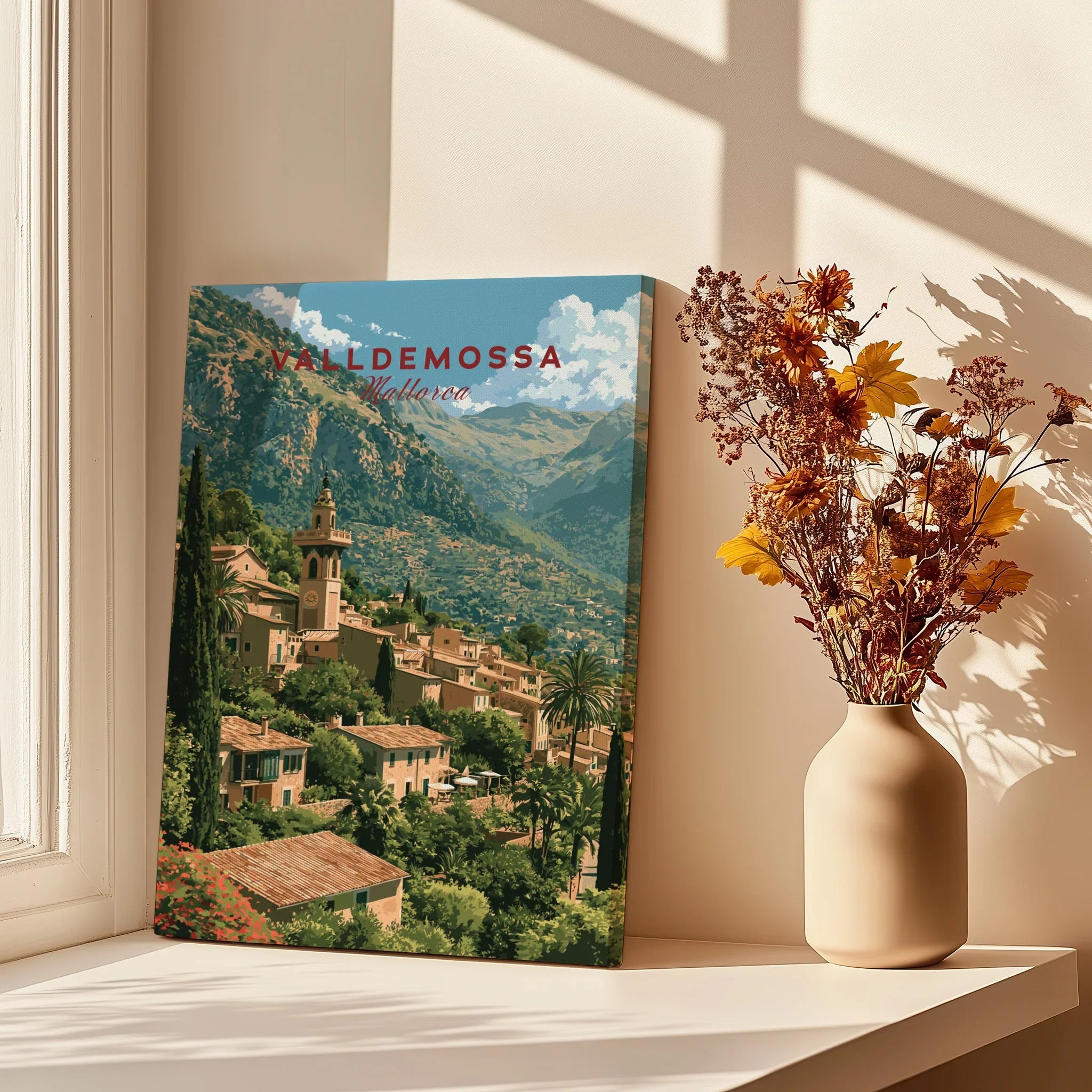 Valldemossa Mallorca Mountain Village Travel Poster — canvas print window setting with shadows flowers