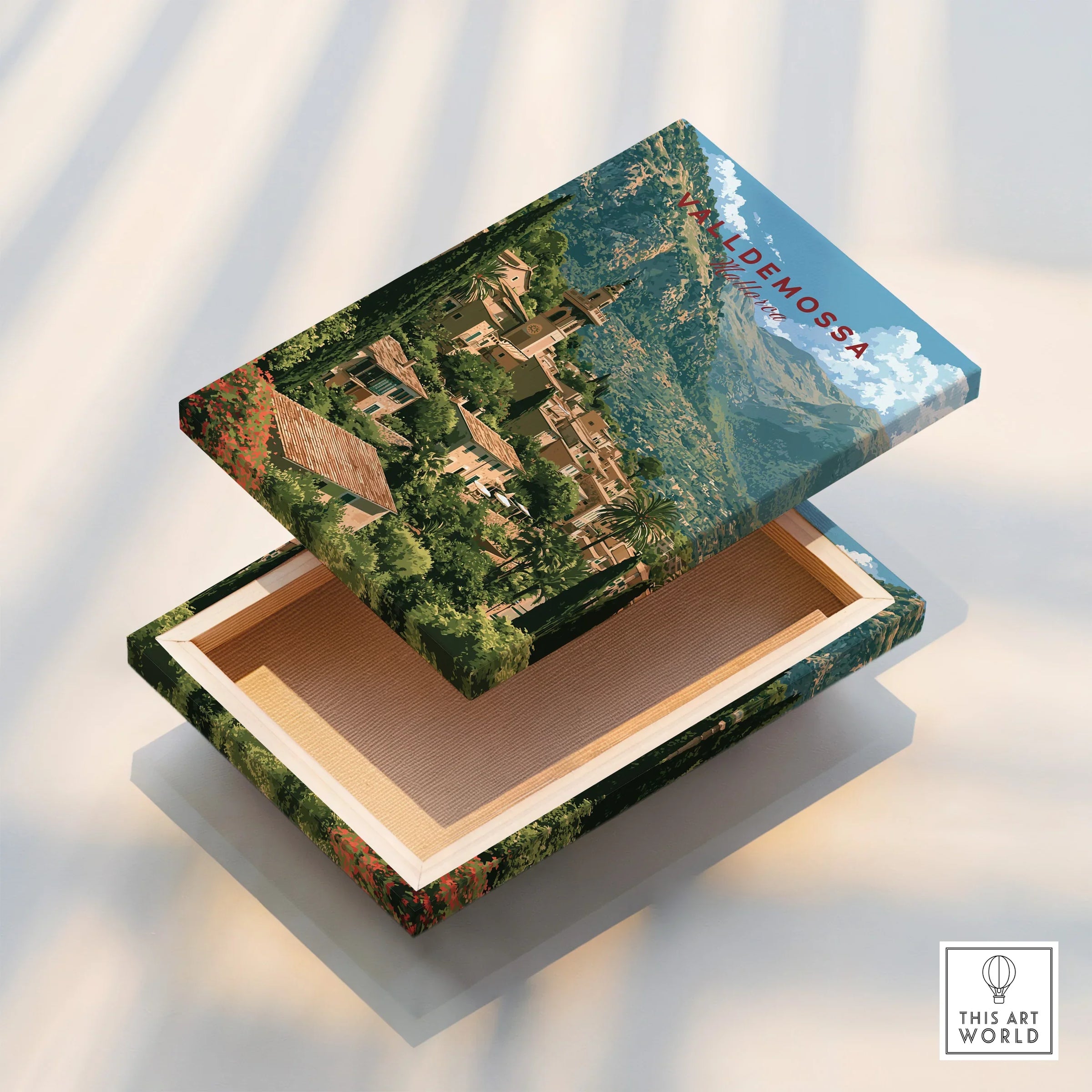 Valldemossa Mallorca Mountain Village Travel Poster — stretched canvas print floating detail mirror edge