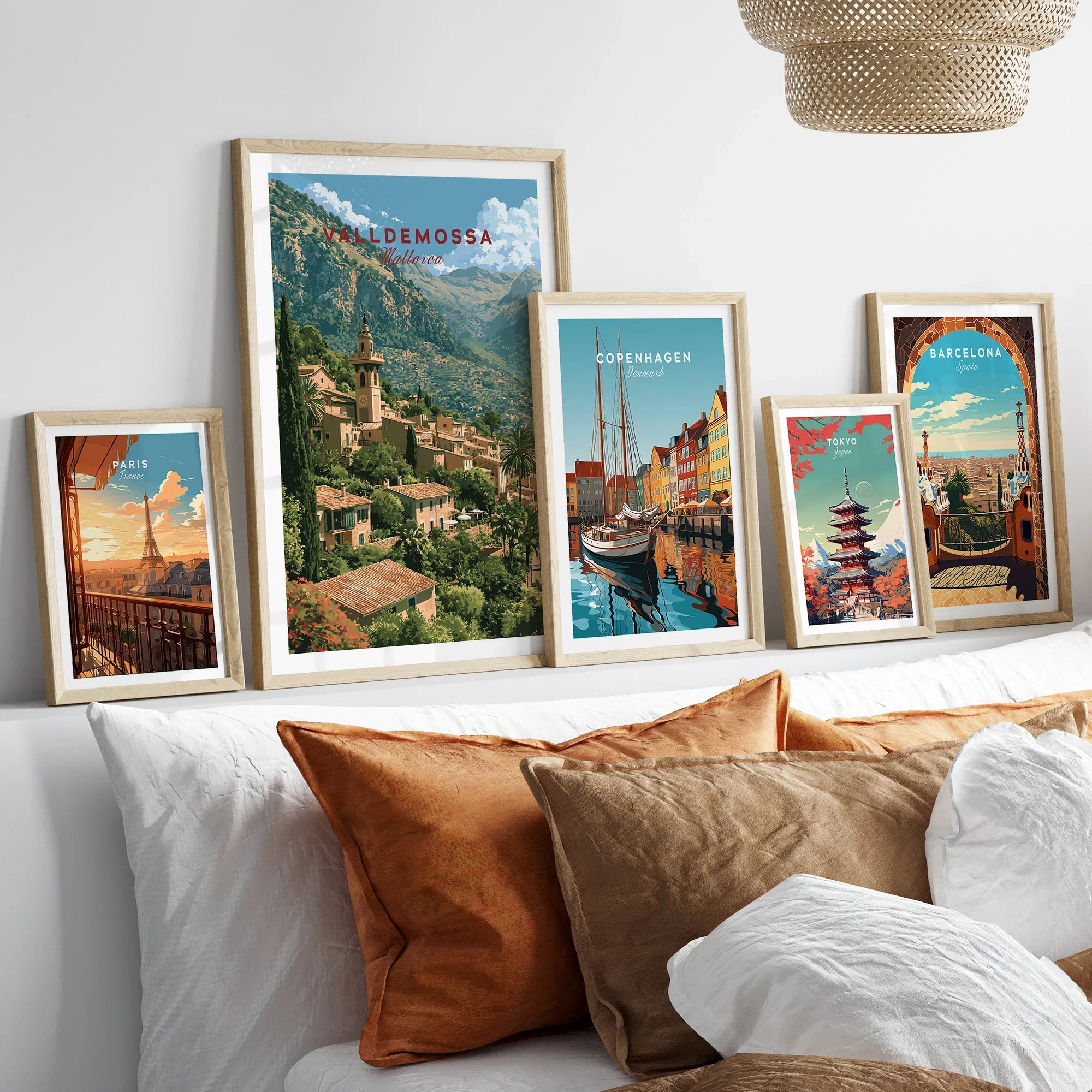 Valldemossa Mallorca Mountain Village Travel Poster — set five framed artprints above bed natural wood frames