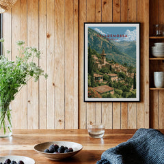 Valldemossa Mallorca Mountain Village Travel Poster — black framed art print kitchen setting
