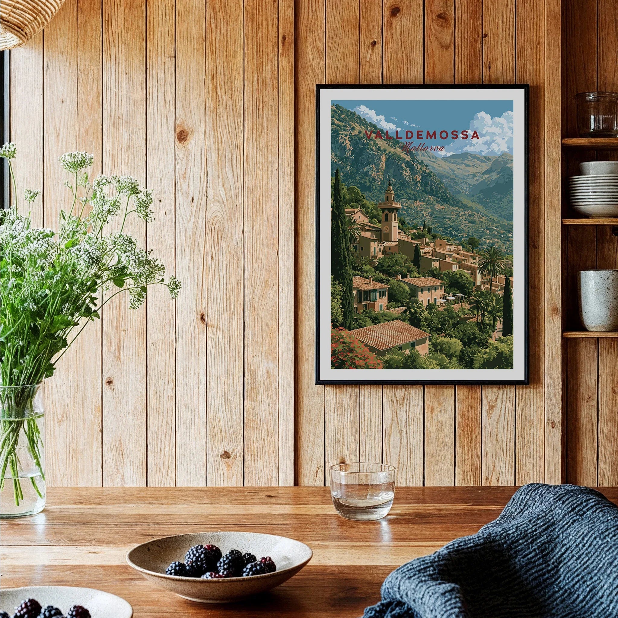 Valldemossa Mallorca Mountain Village Travel Poster — black framed art print kitchen setting