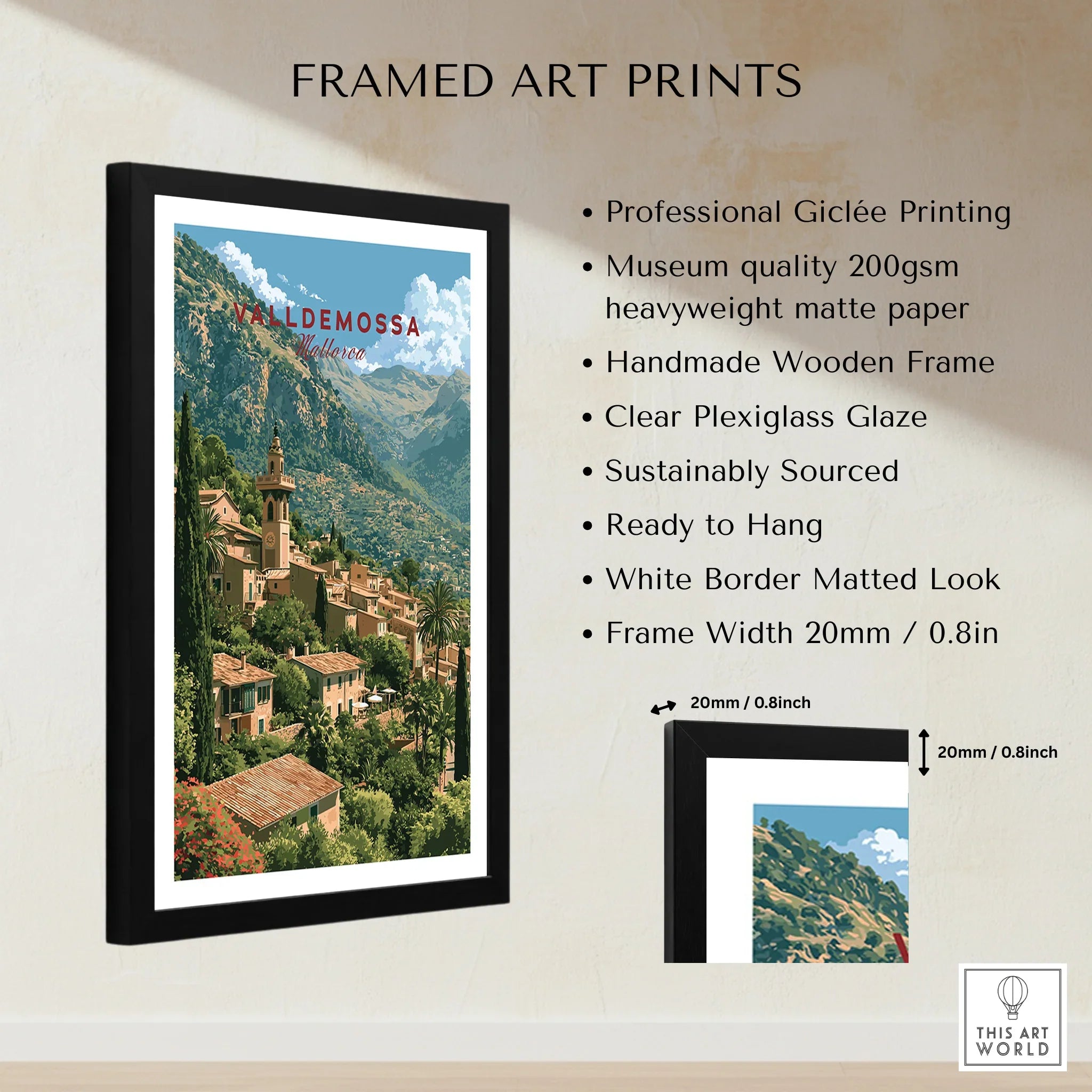 Valldemossa Mallorca Mountain Village Travel Poster — framed print details measurements quality details