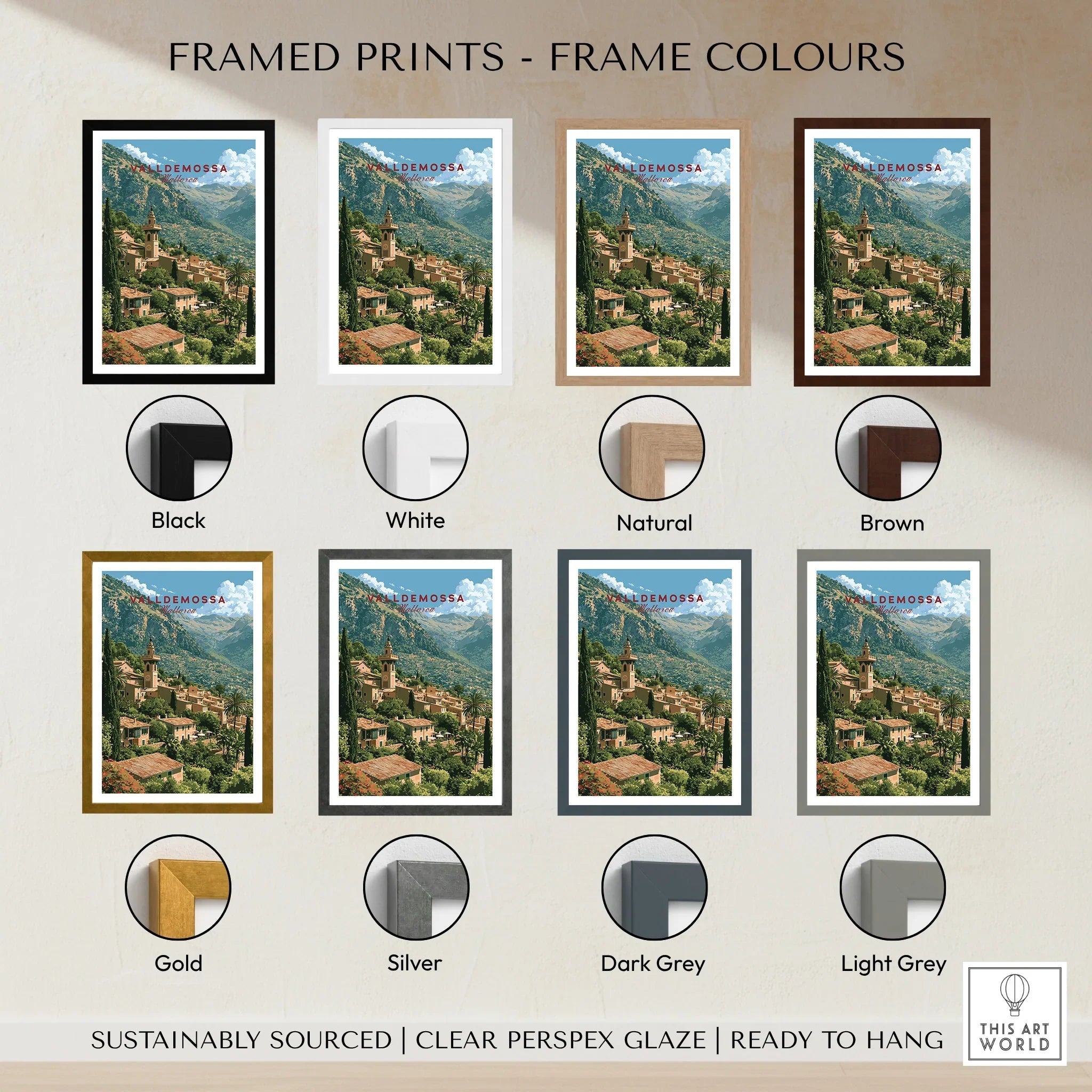 Valldemossa Mallorca Mountain Village Travel Poster — framed print colour options