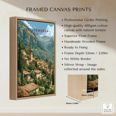 Valldemossa Mallorca Mountain Village Travel Poster — framed canvas float frame details quality