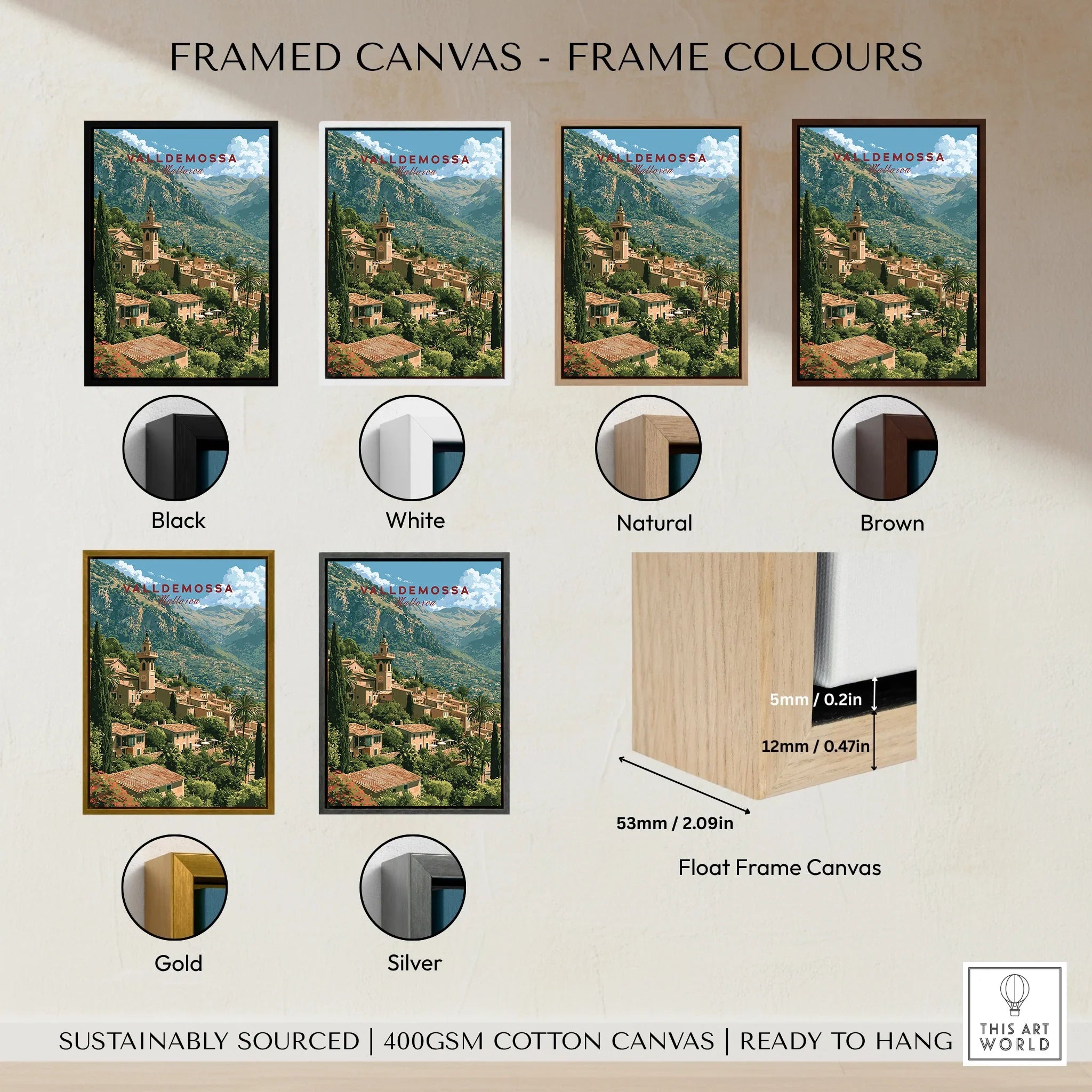 Valldemossa Mallorca Mountain Village Travel Poster — framed canvas float frame colour options