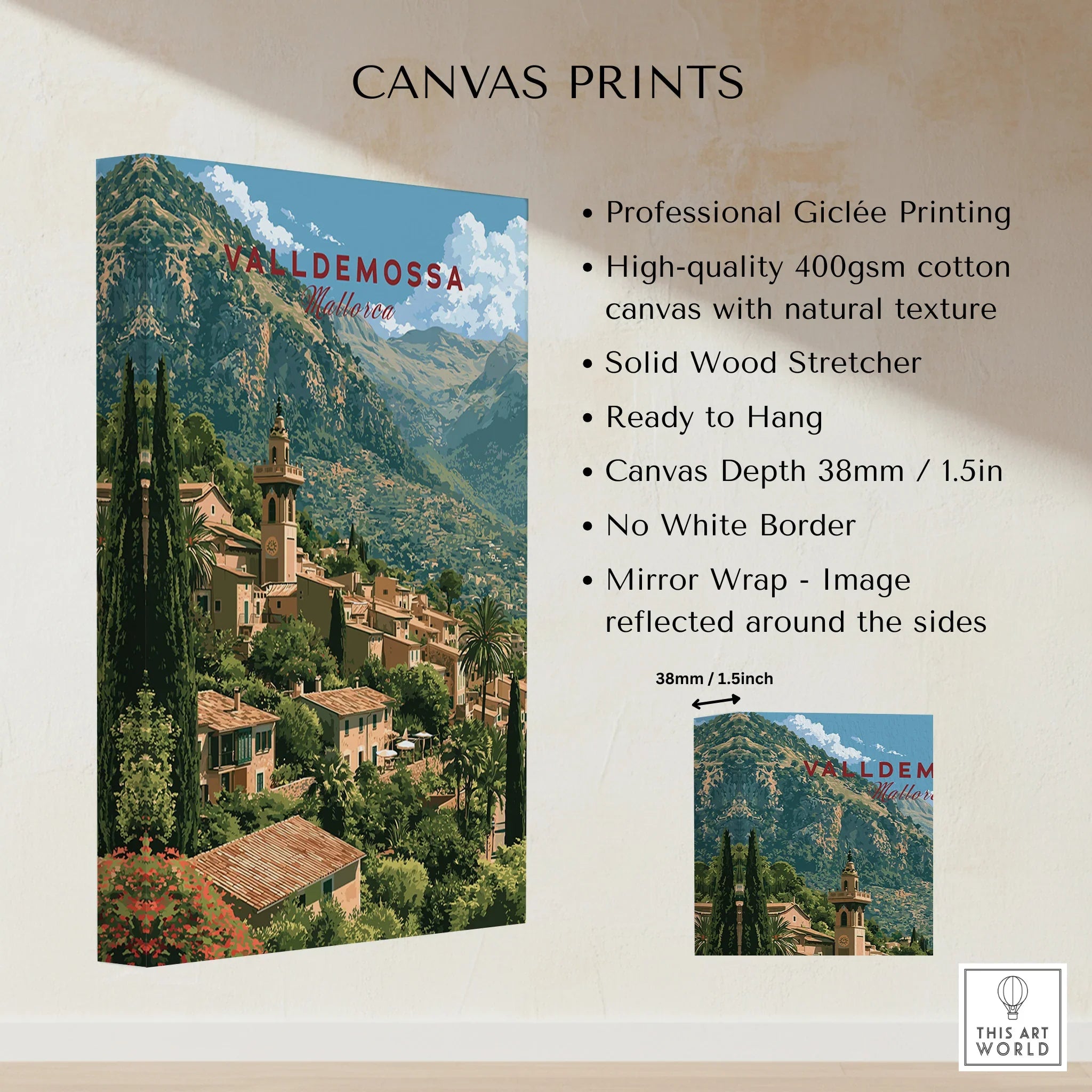 Valldemossa Mallorca Mountain Village Travel Poster — canvas print stretched cotton canvas details