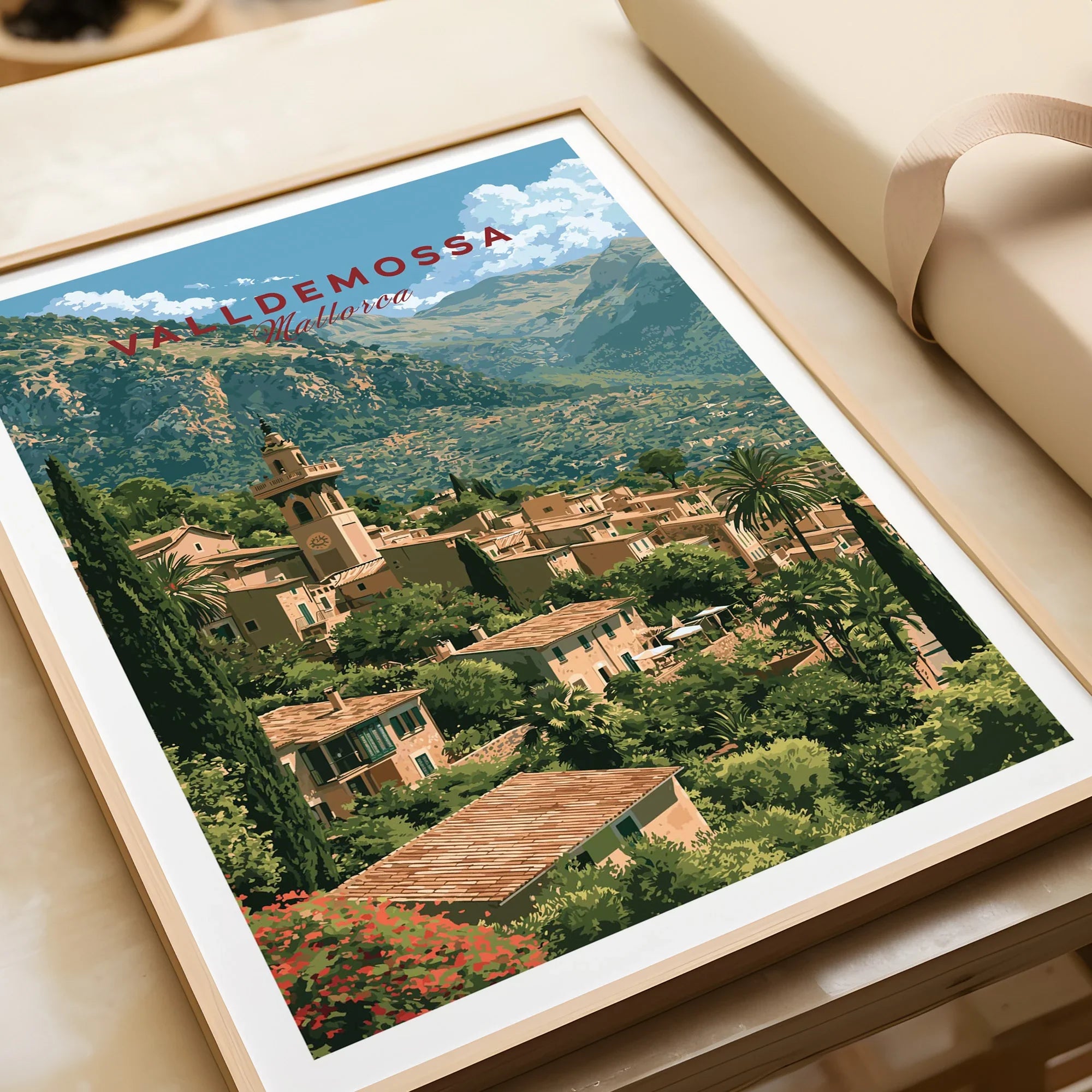 Valldemossa Mallorca Mountain Village Travel Poster — framed art print closeup gift unwrapped natural frame