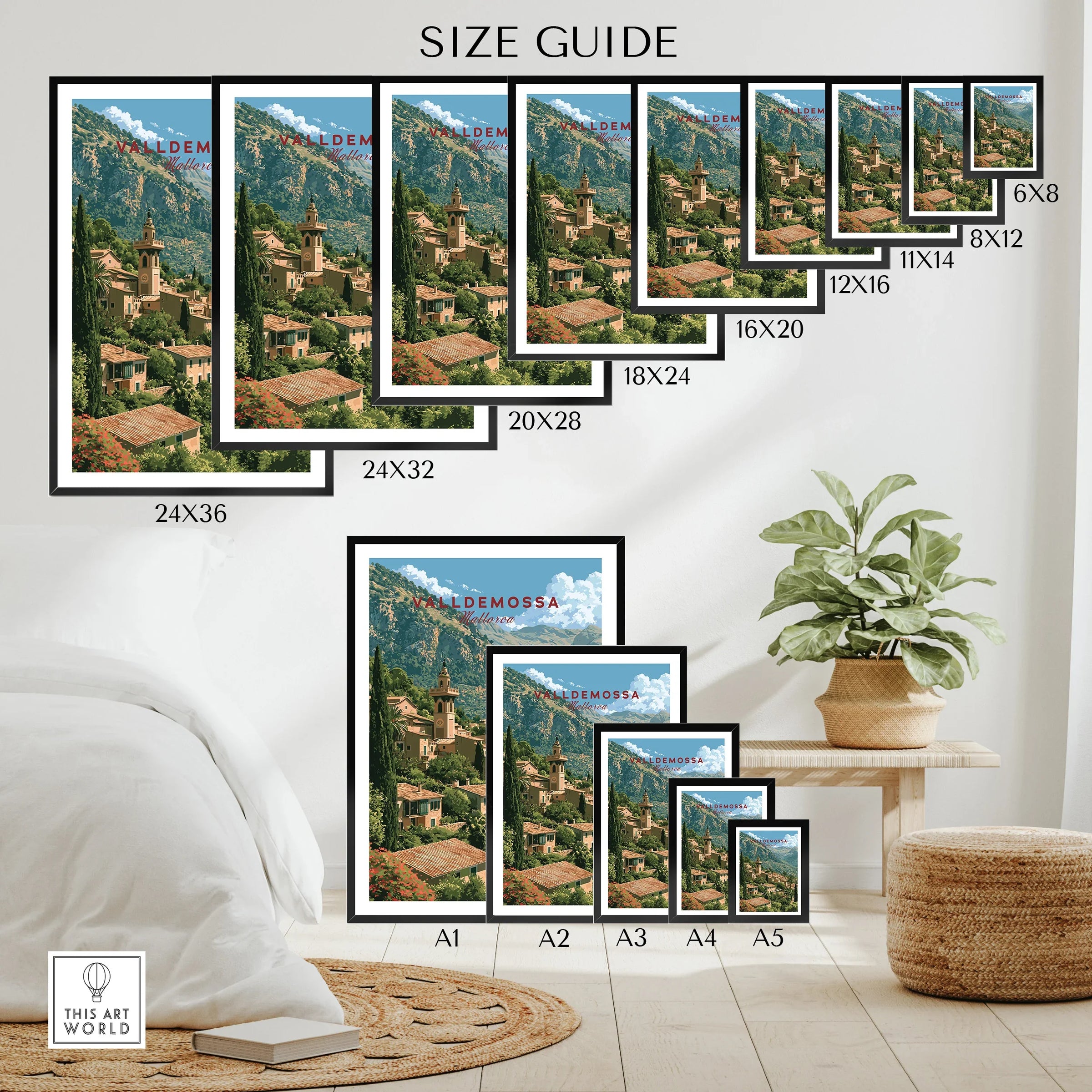 Valldemossa Mallorca Mountain Village Travel Poster — wall art poster size guide thisartworld