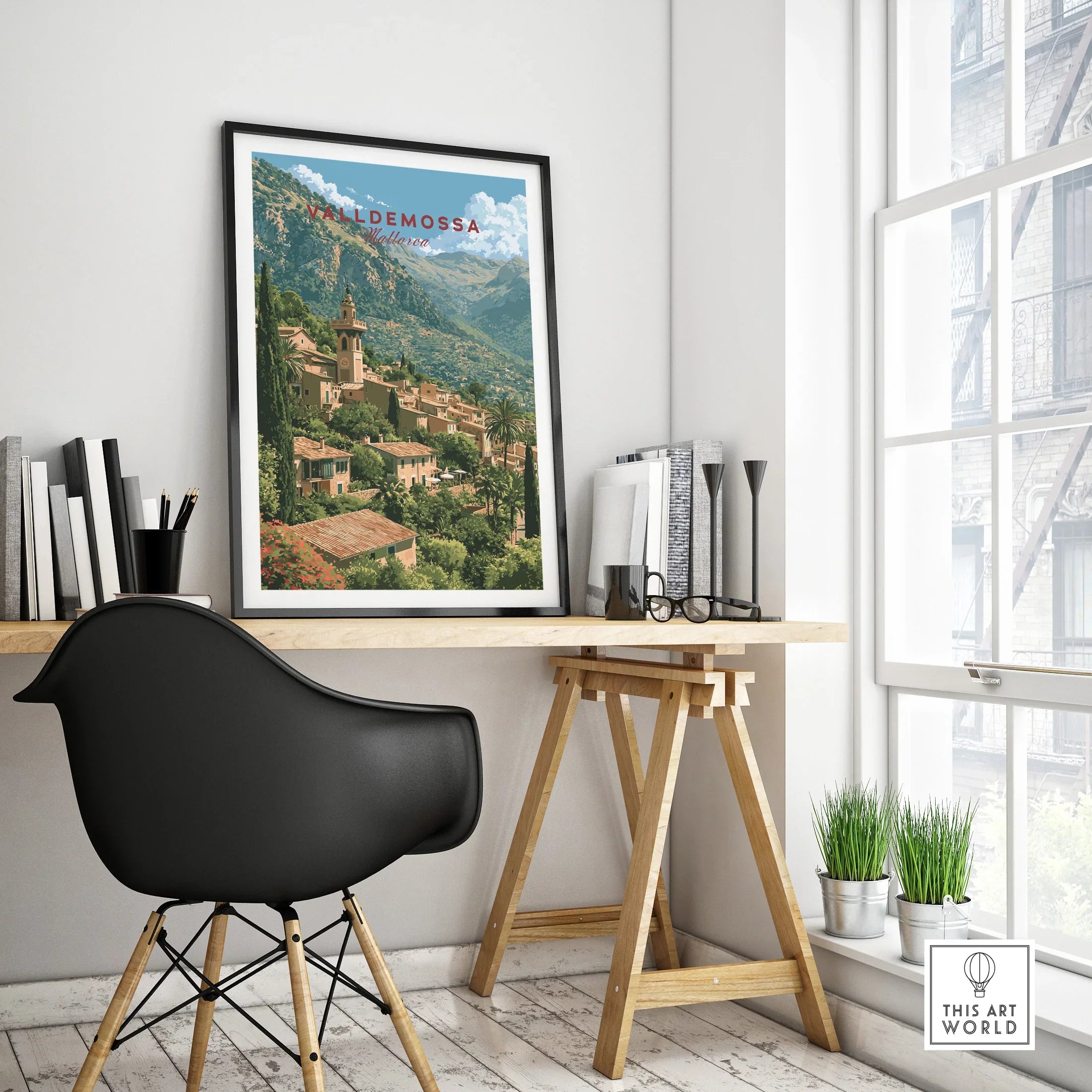 Valldemossa Mallorca Mountain Village Travel Poster — framed poster black frame on office desk modern