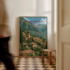 Valldemossa Mallorca Mountain Village Travel Poster — framed canvas on floor man walking past