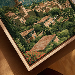 Valldemossa Mallorca Mountain Village Travel Poster — closeup framed canvas natural wood floating frame