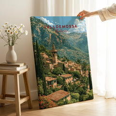 Valldemossa Mallorca Mountain Village Travel Poster — canvas print mirror edge hand holding room setting