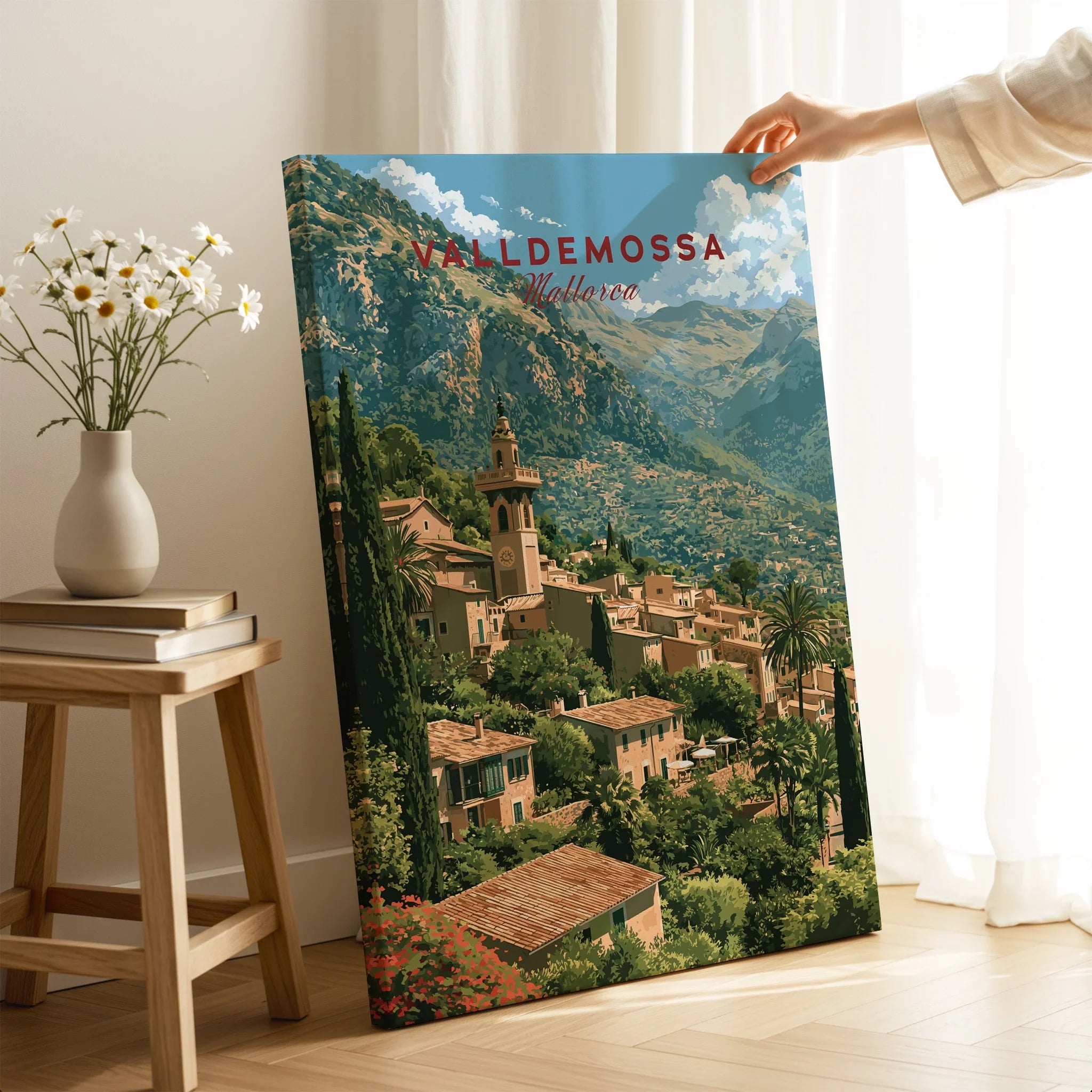 Valldemossa Mallorca Mountain Village Travel Poster — canvas print mirror edge hand holding room setting