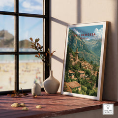 Valldemossa Mallorca Mountain Village Travel Poster — framed print window view natural wood frame