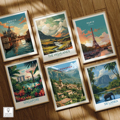 Valldemossa Mallorca Mountain Village Travel Poster — set six framed art prints wooden floor natural wood frames