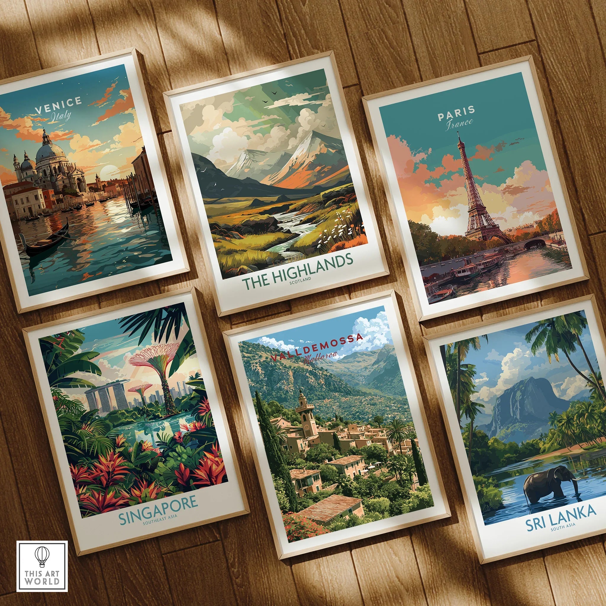 Valldemossa Mallorca Mountain Village Travel Poster — set six framed art prints wooden floor natural wood frames