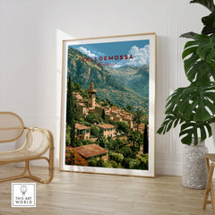 Valldemossa Mallorca Mountain Village Travel Poster — large framed print room setting chair plant