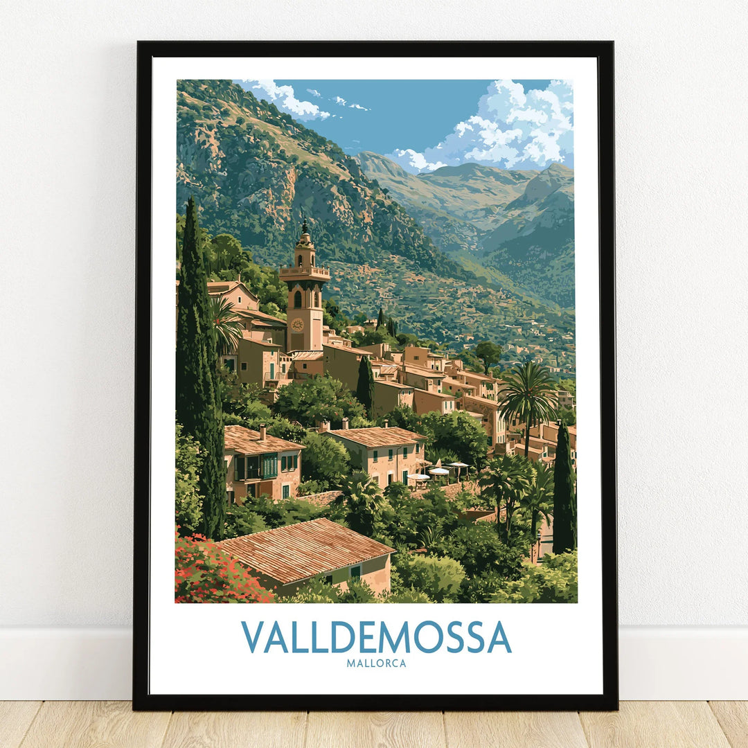 Valldemossa Mallorca Tramuntana Village Wall Art — art print in black frame on wooden floor