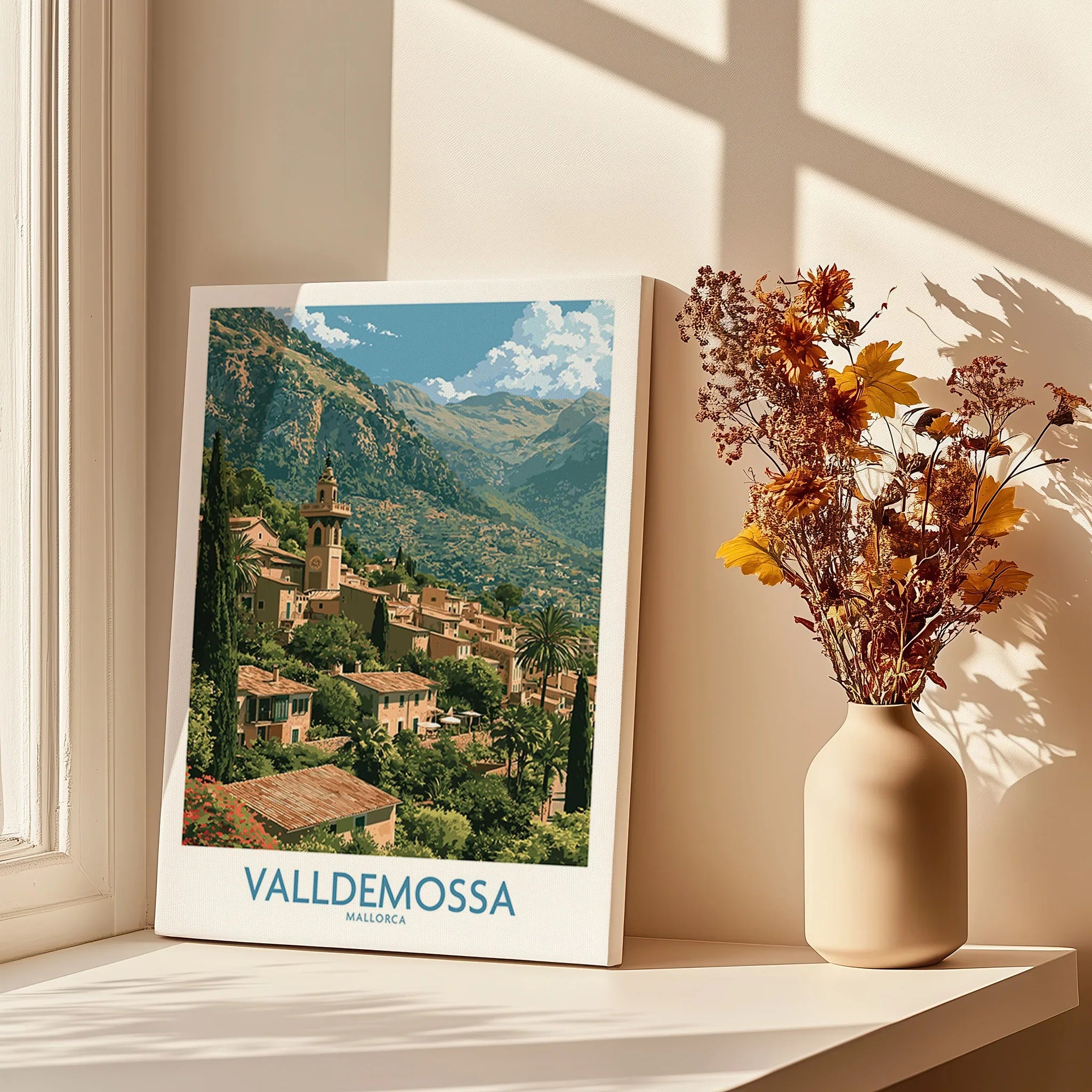 Valldemossa Mallorca Tramuntana Village Wall Art — canvas print window setting with shadows flowers