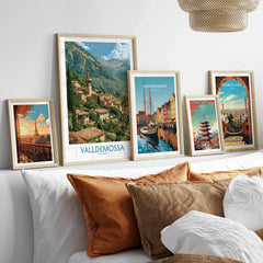 Valldemossa Mallorca Tramuntana Village Wall Art — set five framed artprints above bed natural wood frames