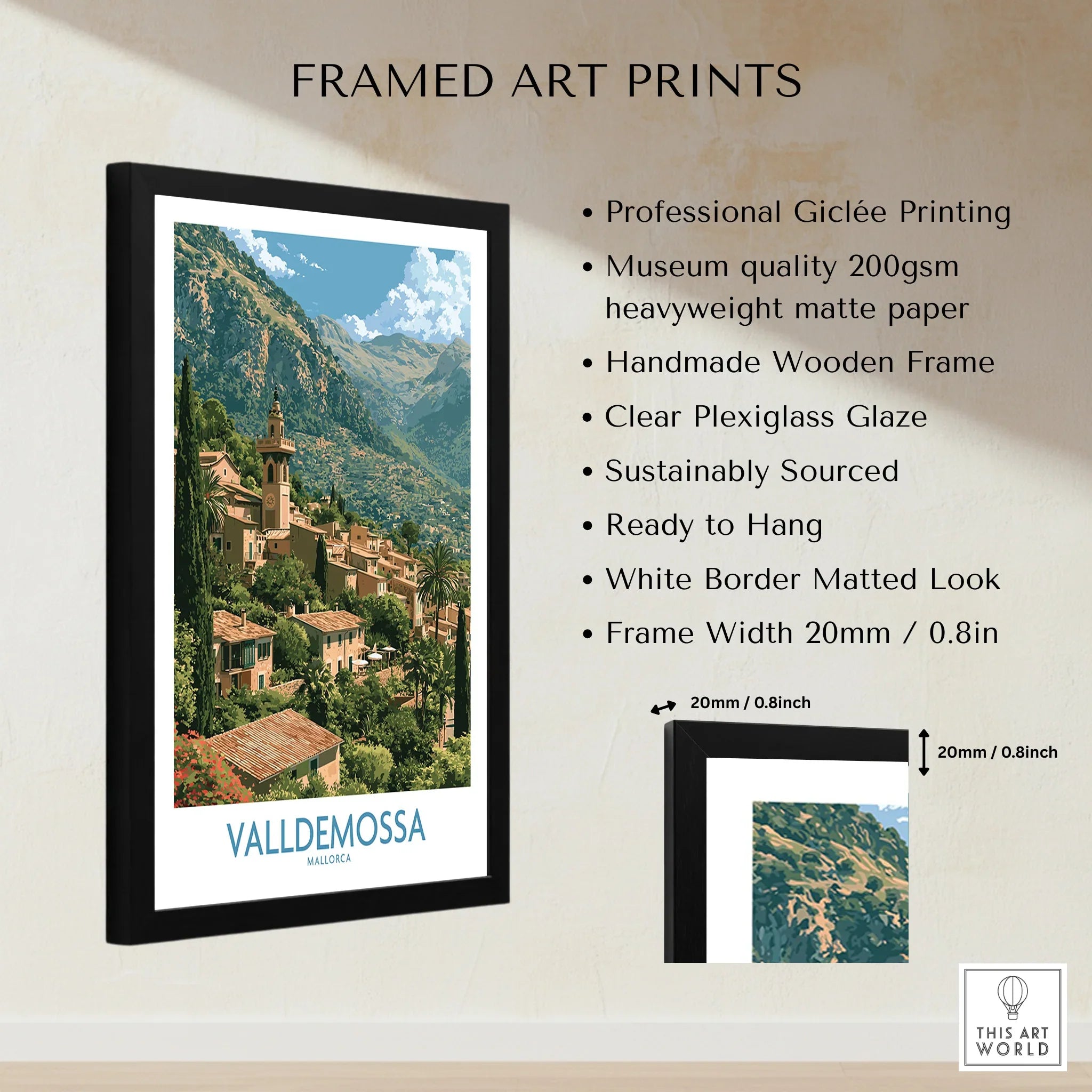 Valldemossa Mallorca Tramuntana Village Wall Art — framed print details measurements quality details