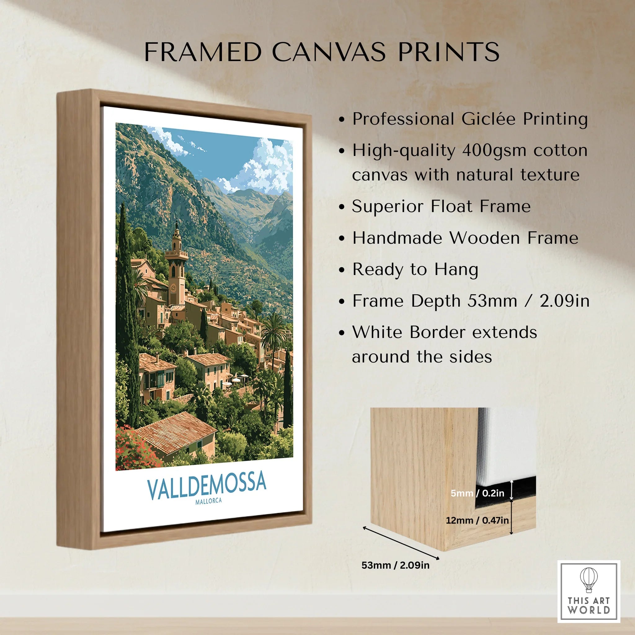 Valldemossa Mallorca Tramuntana Village Wall Art — framed canvas float frame details quality