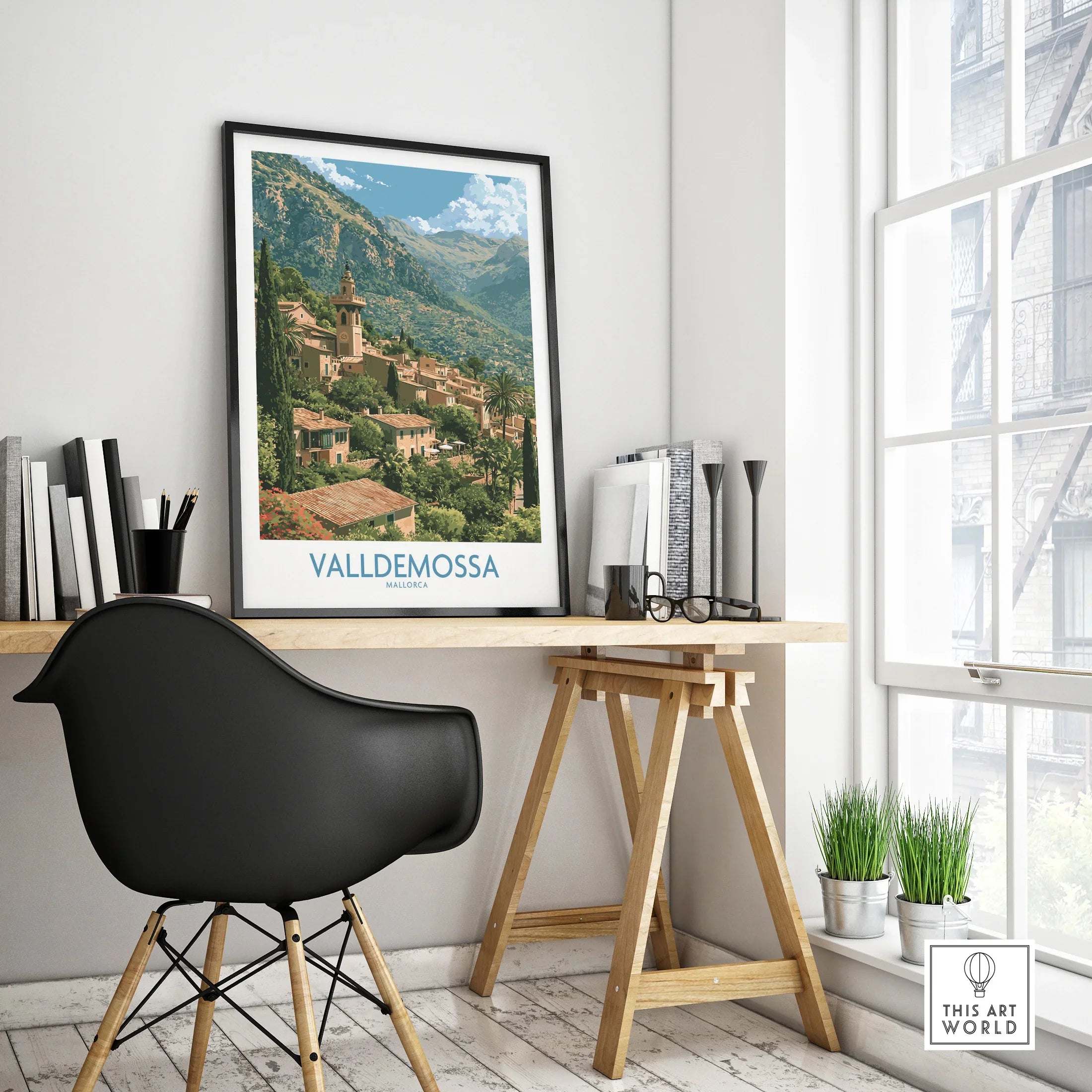 Valldemossa Mallorca Tramuntana Village Wall Art — framed poster black frame on office desk modern