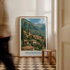 Valldemossa Mallorca Tramuntana Village Wall Art — framed canvas on floor man walking past