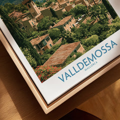 Valldemossa Mallorca Tramuntana Village Wall Art — closeup framed canvas natural wood floating frame