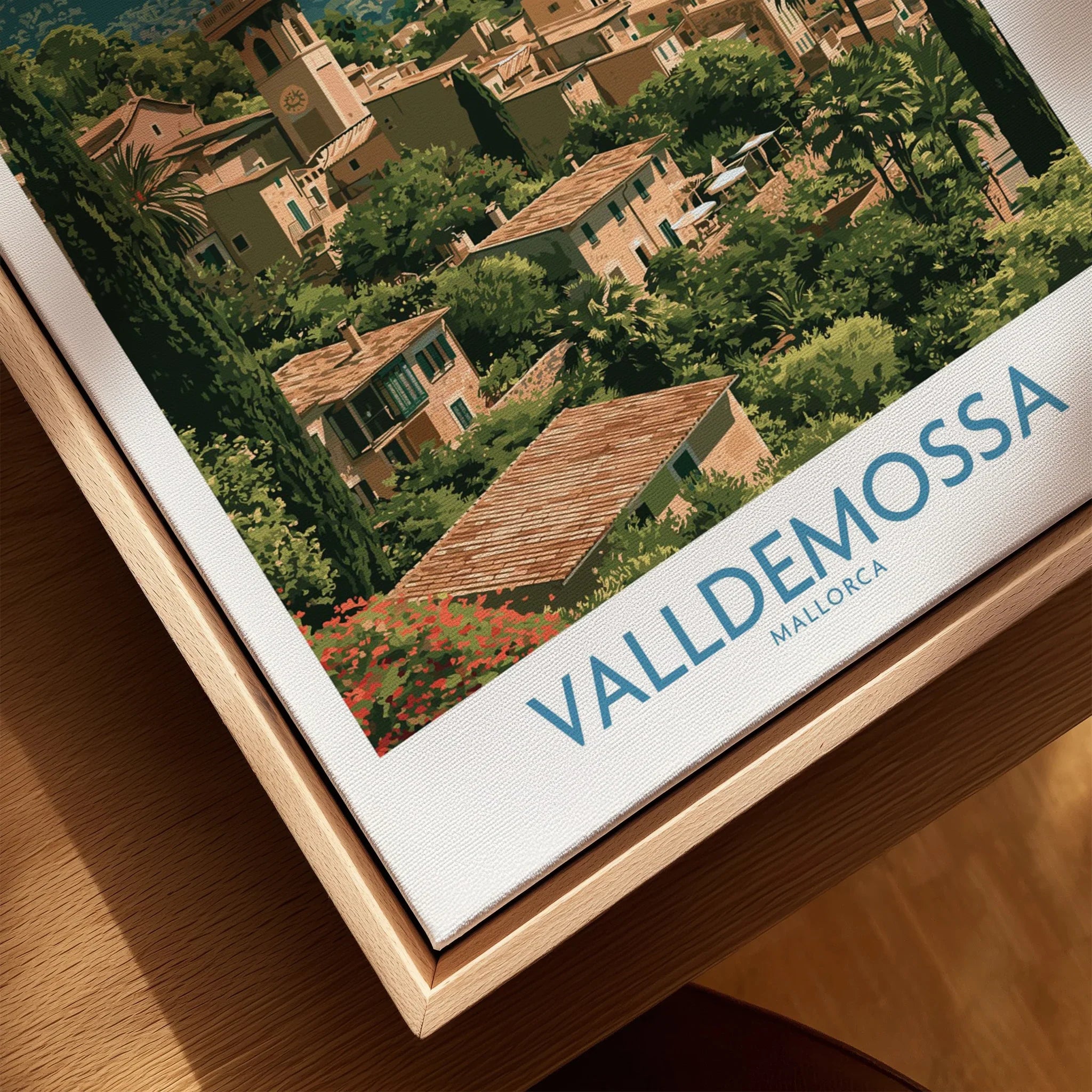 Valldemossa Mallorca Tramuntana Village Wall Art — closeup framed canvas natural wood floating frame