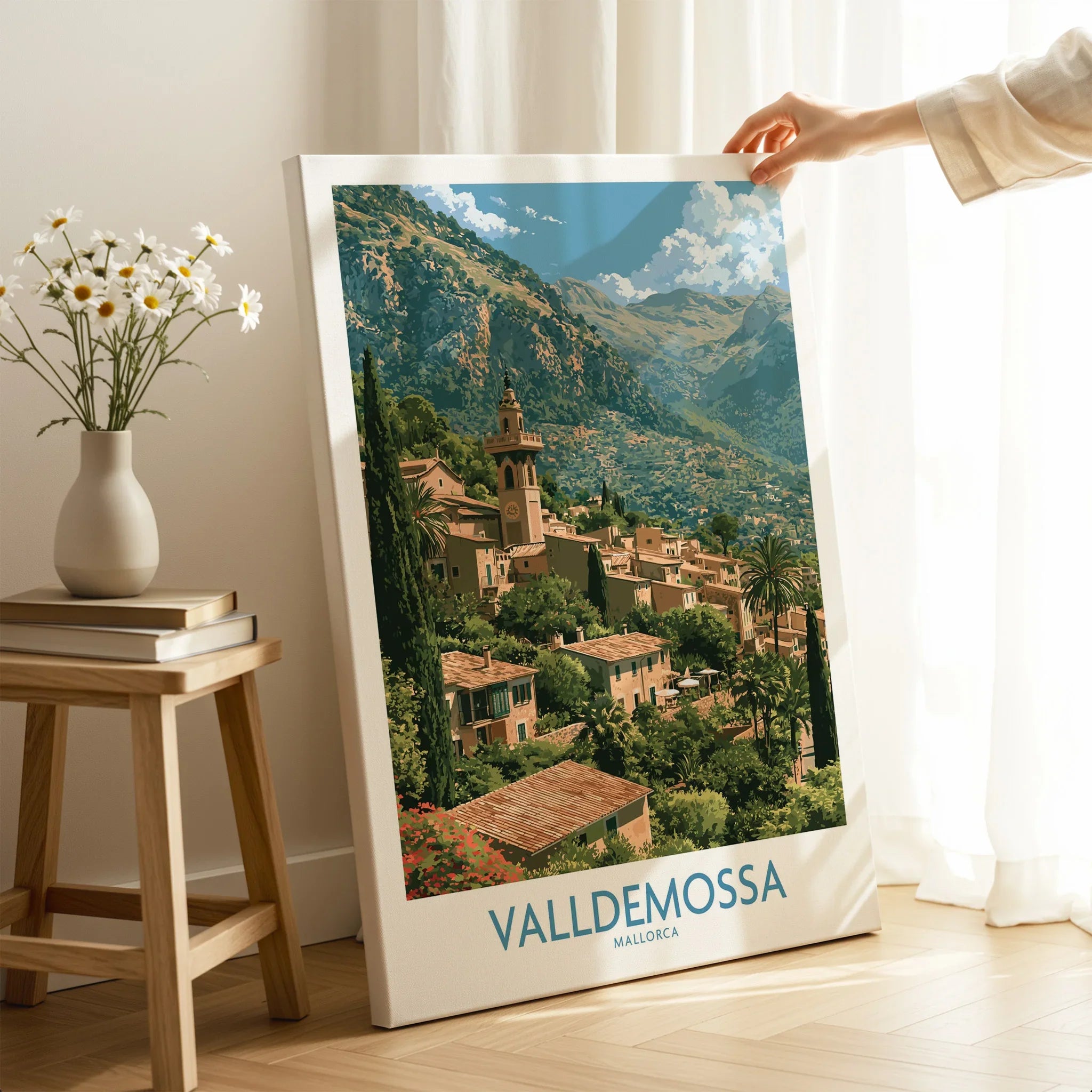 Valldemossa Mallorca Tramuntana Village Wall Art — canvas print mirror edge hand holding room setting