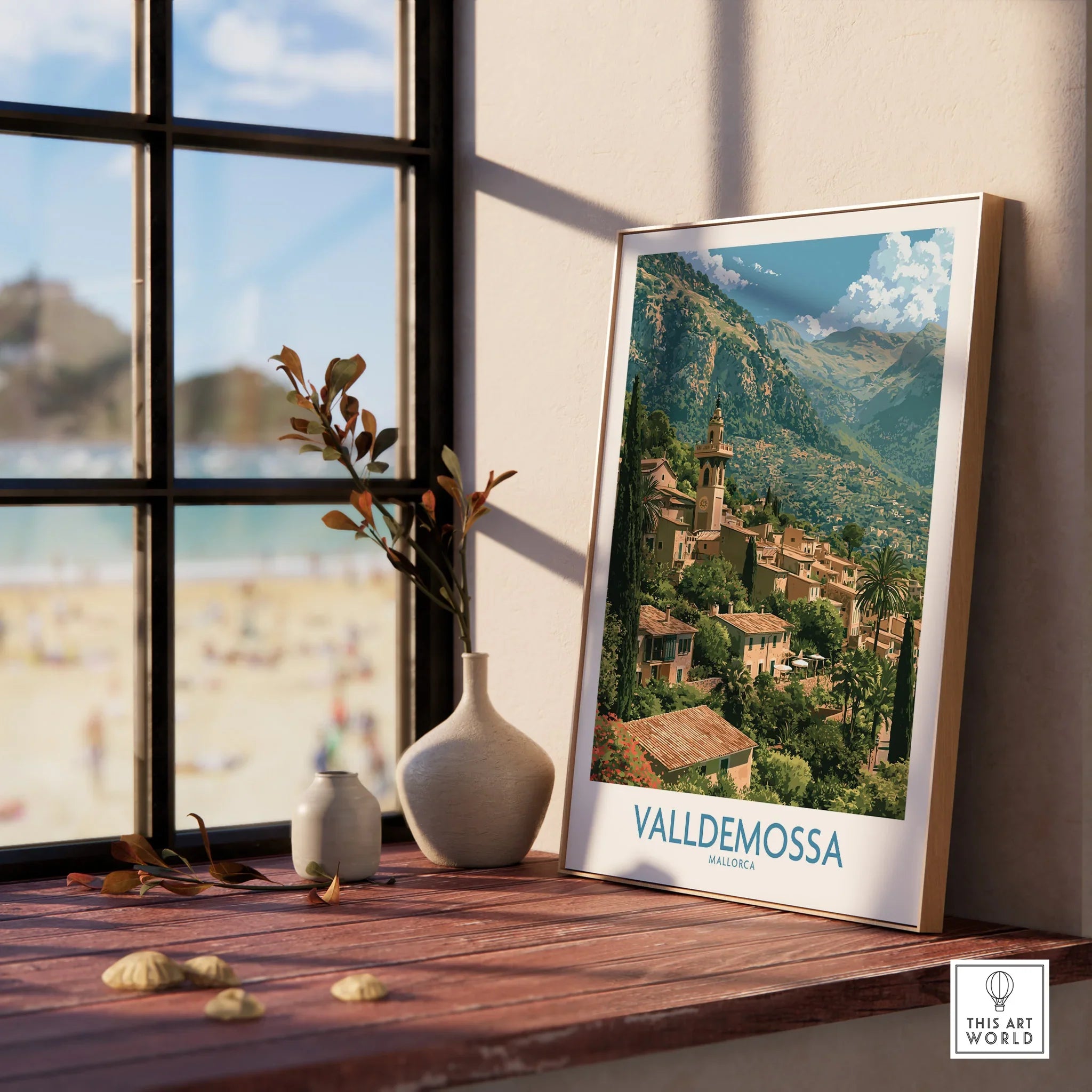 Valldemossa Mallorca Tramuntana Village Wall Art — framed print window view natural wood frame