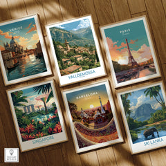 Valldemossa Mallorca Tramuntana Village Wall Art — set six framed art prints wooden floor natural wood frames