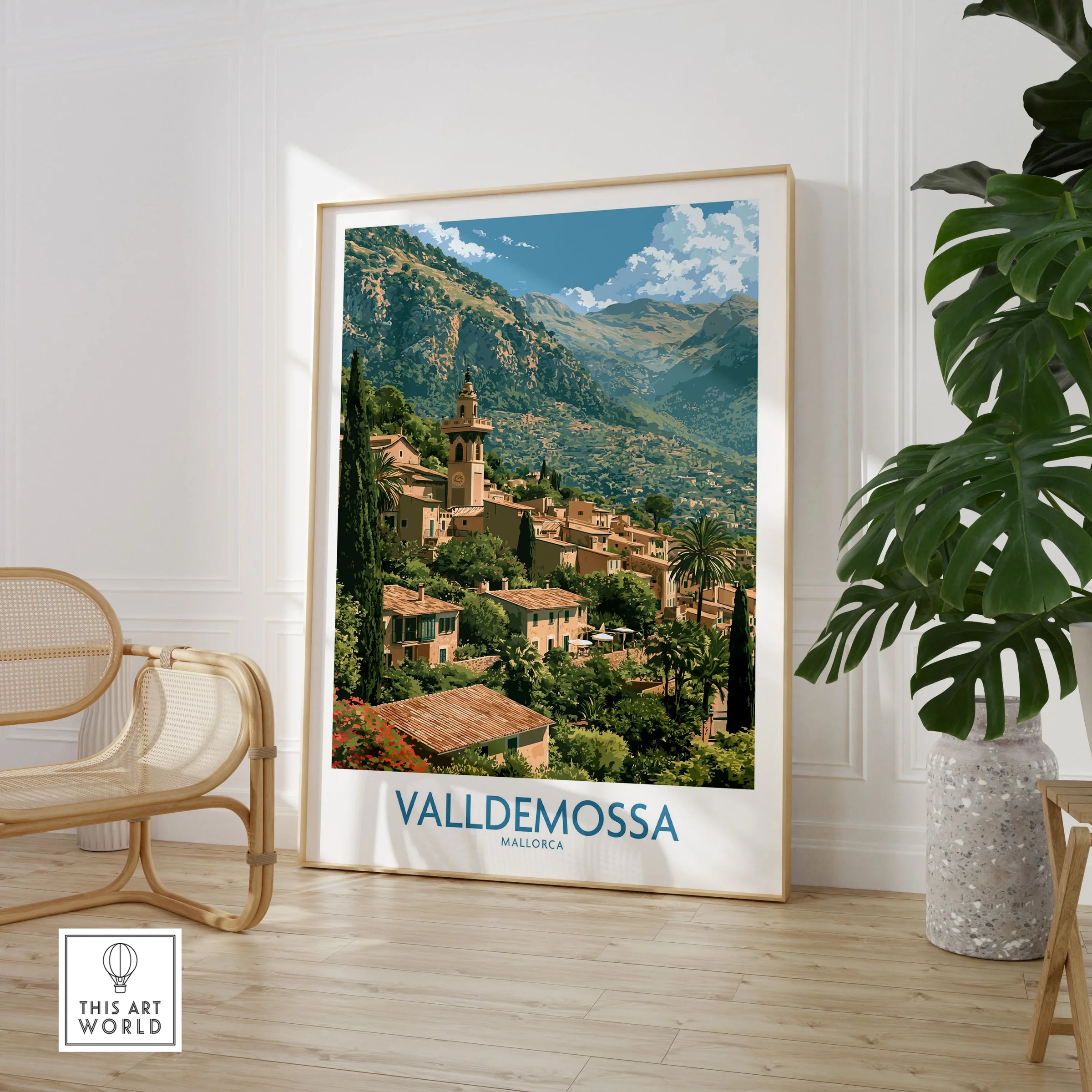 Valldemossa Mallorca Tramuntana Village Wall Art — large framed print room setting chair plant
